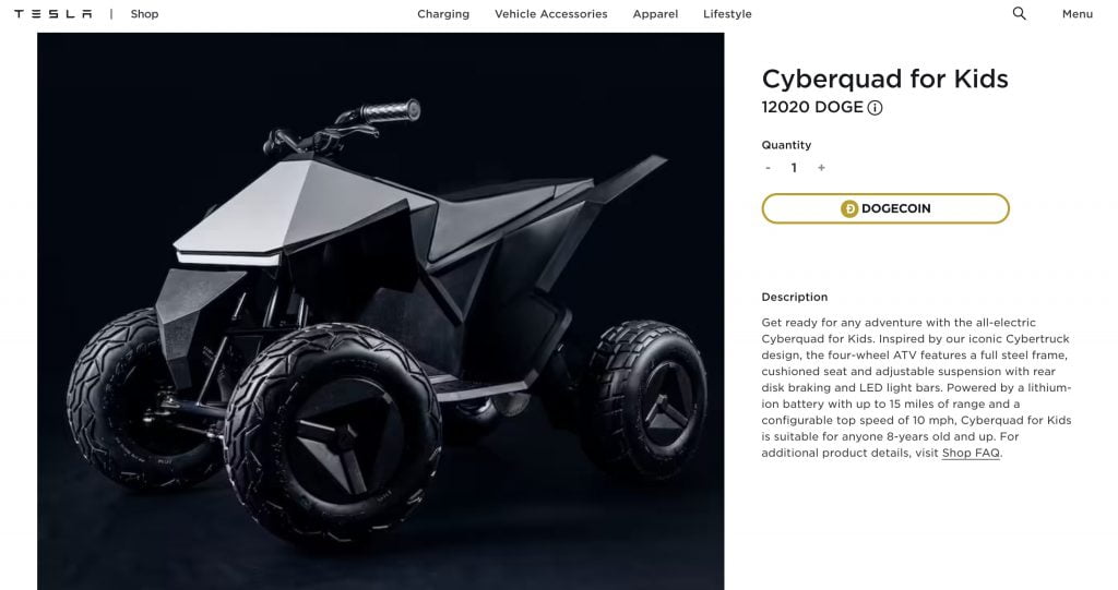 Tesla lance les paiements Dogecoin pour Cyberquad for kids, Giga Texas Belt Buckle & Cyberwhistle