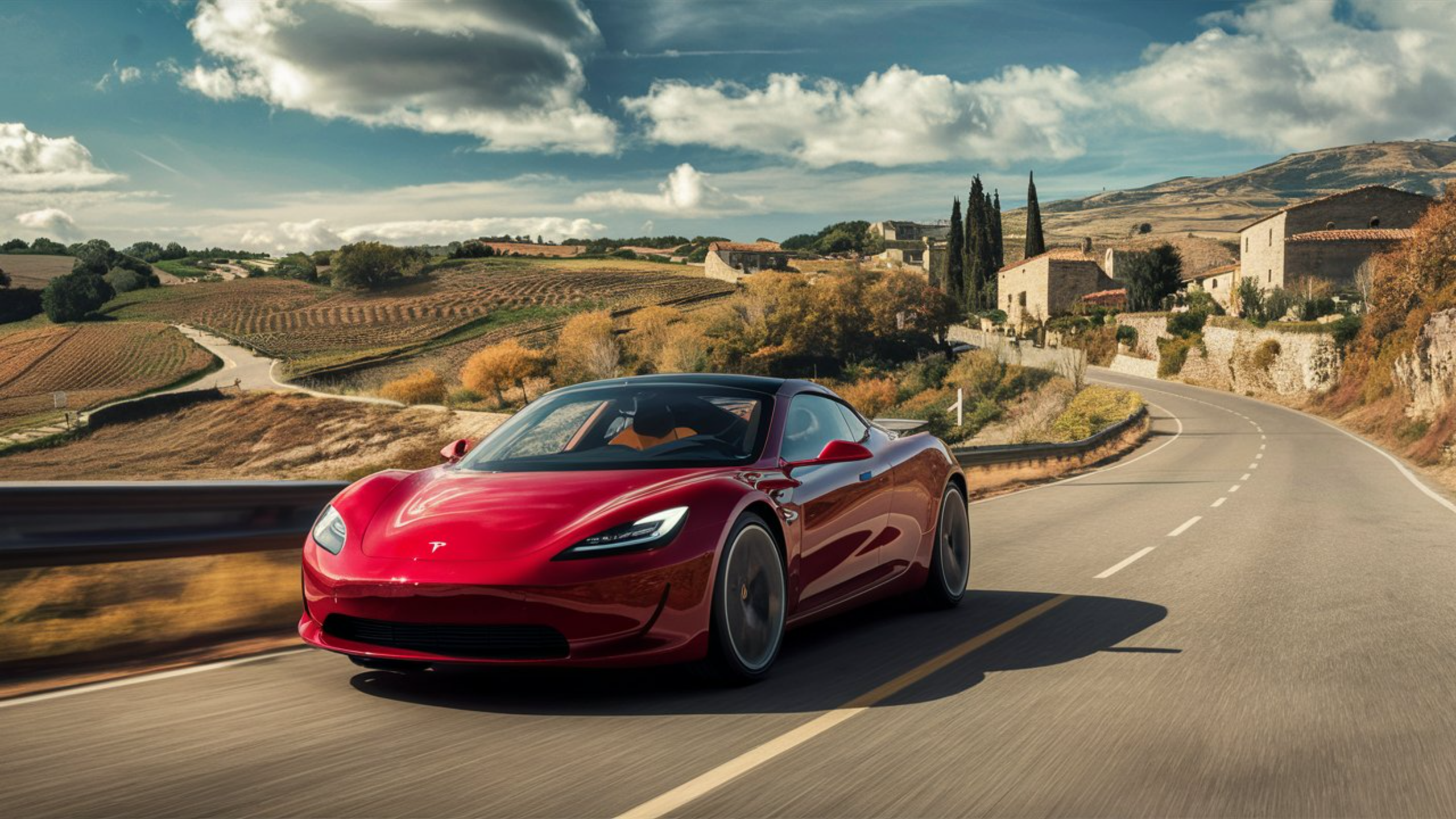 Voiture de sport électrique sur une route de Toscane
